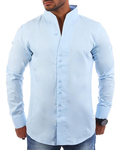 Carisma Herren Uni Langarm Stehkragen Hemd Slimfit tailliert figurbetont Party Club Look Optik Freizeit Casual einfarbig Basic, Grösse:4XL, Farbe:Hellblau von Carisma