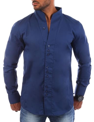 Carisma Herren Uni Langarm Stehkragen Hemd Slimfit tailliert figurbetont Party Club Look Optik Freizeit Casual einfarbig Basic, Grösse:XXL, Farbe:Dunkelblau von Carisma