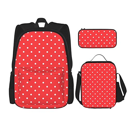 CARRDKDK Dunkelvioletter Marmor-Rucksack, 3-teiliges Set, Schultaschen, Büchertasche mit Lunchbox und Federmäppchen, Set für Jungen und Mädchen, Rot und Weiß gepunktet, Einheitsgröße von CARRDKDK