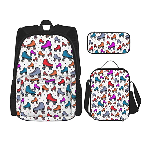 CARRDKDK Rucksack mit Fußballmotiv, Grün, bedruckt, 3-teiliges Set, Schultaschen, Büchertasche mit Lunchbox und Federmäppchen, Set für Jungen und Mädchen, Retro Rollschuhe bunt, Einheitsgröße von CARRDKDK