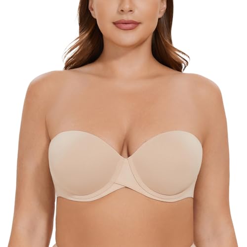 CASOLACE Damen Hochdrücken Gepolsterte Körbchenbügel Unsichtbare trägerlose BHS Beige 75D von CASOLACE