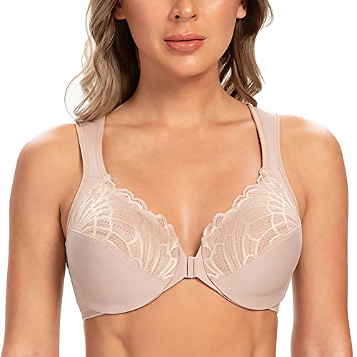 CASOLACE Damen Verschluss Vorne Lace Mit Bügel Große Größen Unwattierter Bügel BH Beige 100B von CASOLACE