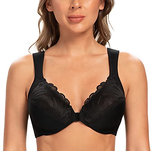 CASOLACE Damen Verschluss Vorne Lace Mit Bügel Große Größen Unwattierter Bügel BH Schwarz 100B von CASOLACE