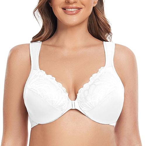 CASOLACE Damen Verschluss Vorne Lace Mit Bügel Große Größen Unwattierter Bügel BH Weiß 80D von CASOLACE