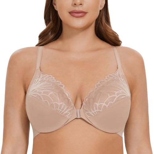 CASOLACE Damen Vorderverschluss Lace Mit Bügel Große Größen Unwattierter Racerback BH Beige 75F von CASOLACE