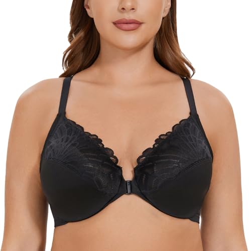 CASOLACE Damen Vorderverschluss Lace Mit Bügel Große Größen Unwattierter Racerback BH Schwarz 100B von CASOLACE