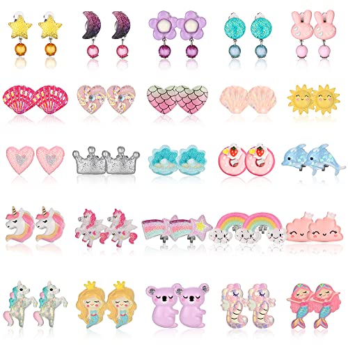 CASSIECA 25 Paare Clip On Ohrring Ohrclips für Mädchen Kinder Keine Durchbohrten Prinzessin Ohrringe Mädchen Geschenk Spielen Blume Herz Ohrringe Mädchen Verkleiden sich Schmuck von CASSIECA