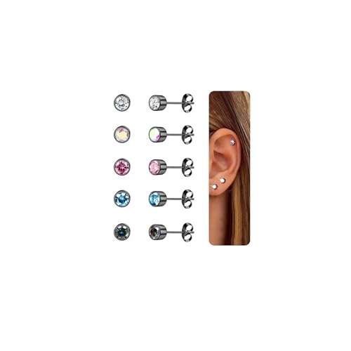 CASSIECA 5 Paar Titan Ohrstecker für Damen Herren Medizinische Ohrstecker Set 5mm Titan Ohrringe Kinder Schwarz Ohrringe Chirurgenstahl Geschenke für Damen Herren mit Schmuckkästchen von CASSIECA