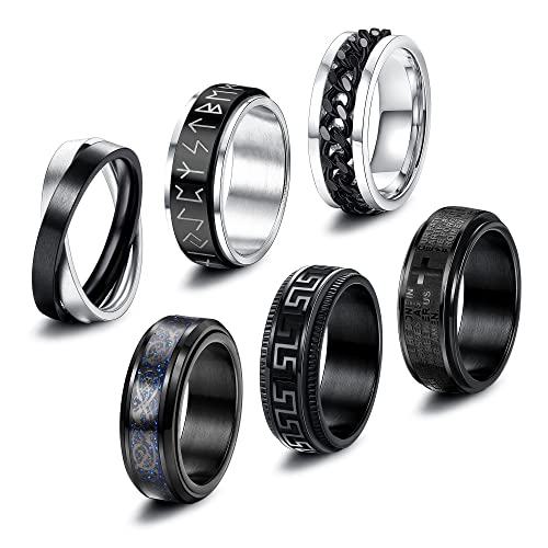 CASSIECA 6 Stück Edelstahl Herren Ringe für Männer Damen Silber Noir Flaschenöffner Ringe Schwarz Matt Finish Poliert Fidget Spinner Ringe Ketten Ringe Coole Kette Welle Kreuz von CASSIECA