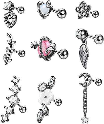 CASSIECA 9 Stück 16G Piercing Ohr Set Schwarz Helix Tragus Piercing Ohrringe für Frauen Chirurgenstahl Ohrringe Piercing Schmetterling Blume Ohr Piercing Ohrringe Ohrstecker Knorpel Ohrringe von CASSIECA