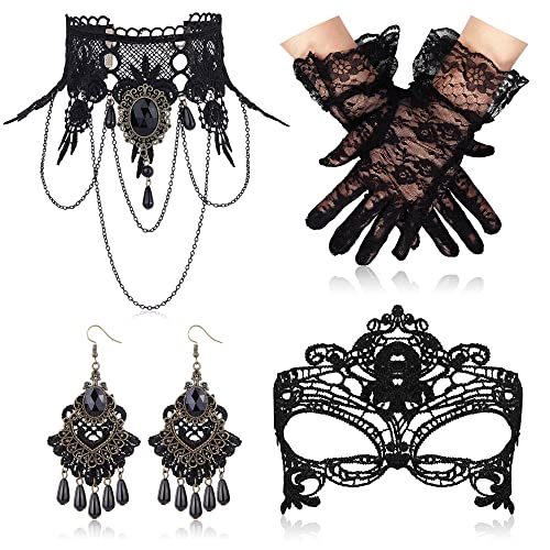 CASSIECA Gothic Schmuck Set für Damen Schwarz Gothic Spitze Choker Halskette Ohrringe Handschuhe für Halloween Cosplay von CASSIECA