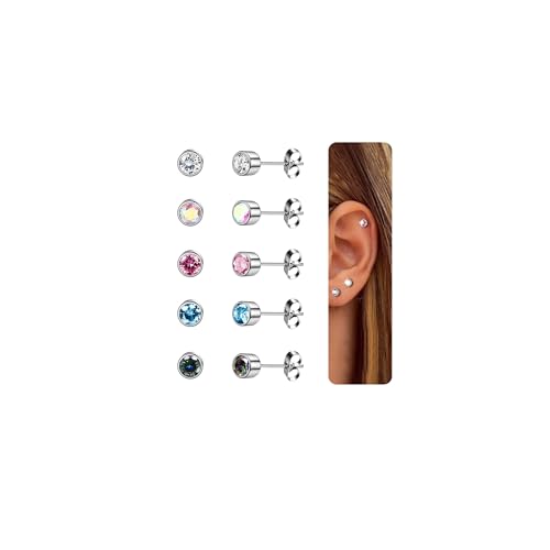 CASSIECA 5 Paar Titan Ohrstecker für Damen Herren Medizinische Ohrstecker Set 3mm Titan Ohrringe Kinder Silber Ohrringe Chirurgenstahl Geschenke für Damen Herren mit Schmuckkästchen von CASSIECA