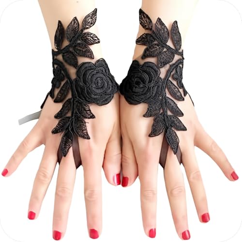 Spitzenhandschuhe Schwarz, Damen Feder Spitze Fingerlose Lange Handschuhe für Hochzeit Halloween Maleficent Kostüm Spitzenhandschuhe Schwarz, Damen Feder Spitze Fingerlose Lange Handschuhe für Hochzeit Halloween Maleficent Kostüm von CATOR