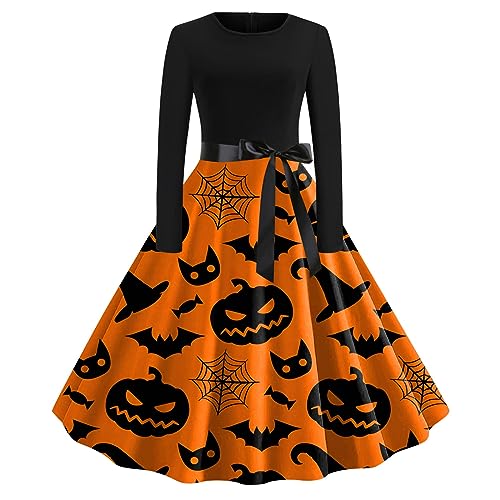 CAUYDY 2023 Halloween Kleid Damen Lang Cosplay Gothic Mittelalter Rundhalsausschnitt ärmellos mit Kürbis Punkte Druck Vintage Swingkleid 1950er Rockabilly Kleid Cocktailkleid Gastkleider Partykleider von CAUYDY