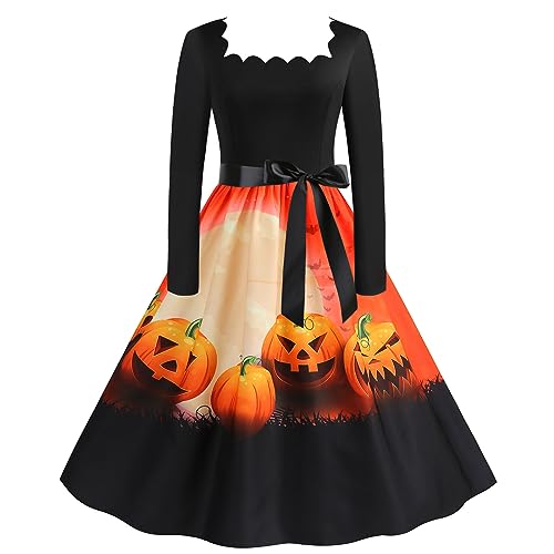 CAUYDY 2023 Halloween Kleid Damen Lang Cosplay Gothic Mittelalter Rundhalsausschnitt ärmellos mit Kürbis Punkte Druck Vintage Swingkleid 1950er Rockabilly Kleid Cocktailkleid Gastkleider Partykleider von CAUYDY