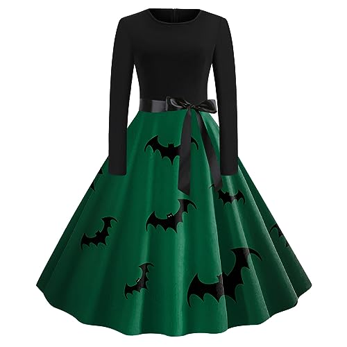 CAUYDY 2023 Halloween Kleid Damen Lang Cosplay Gothic Mittelalter Rundhalsausschnitt ärmellos mit Kürbis Punkte Druck Vintage Swingkleid 1950er Rockabilly Kleid Cocktailkleid Gastkleider Partykleider von CAUYDY