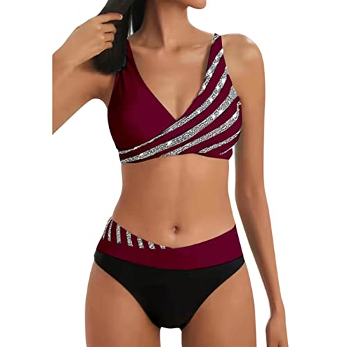 CAUYDY Bikini Damen Große Brüste Bauchweg Badeanzug Push Up Sexy V Ausschnitt überkreuztes Sport Bikini-Sets für Damen Glänzend Farbblock Bademode Schwimmanzug Zweiteilige Bademode Swimsuit von CAUYDY