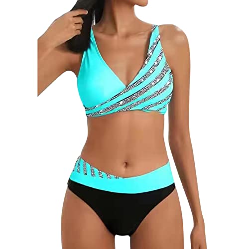 CAUYDY Bikini Damen Große Brüste Bauchweg Badeanzug Push Up Sexy V Ausschnitt überkreuztes Sport Bikini-Sets für Damen Glänzend Farbblock Bademode Schwimmanzug Zweiteilige Bademode Swimsuit von CAUYDY