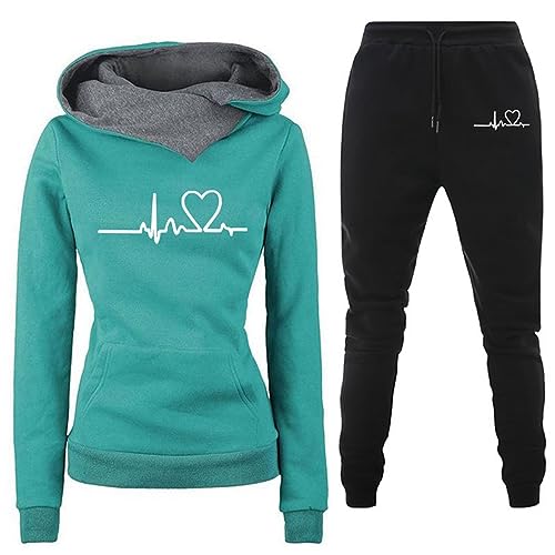 CAUYDY Kurze Sporthose Damen Set 2-Teilig Mode Heartbeat Print Hoodie Mit Tunnelzug Jogginghose Sweatshirt Hose Zweiteiler JogginganzüGe Damen Kapuzenpullover Sporthose Set von CAUYDY