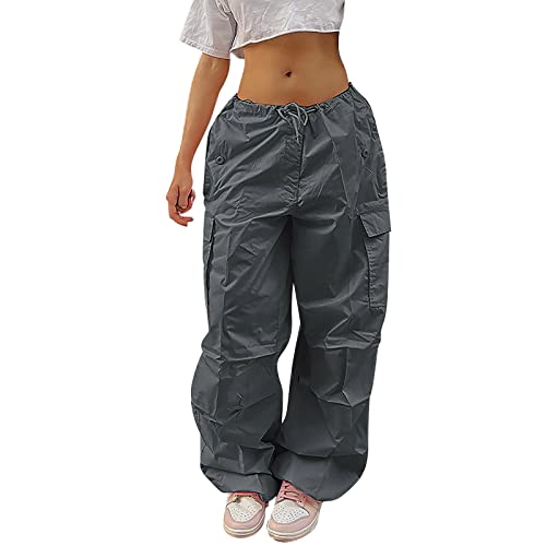 Cargohose Damen Baggy Fallschirmhosen Damen Baggy Cargohose Y2K Track Pants Streetwear Elastische Taille mit Taschen Weite Bein Parachute Pants Jogginghose Oversize Lose 90er E-Girl von CAUYDY