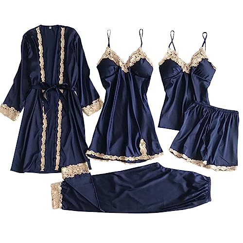 Damen Pyjama Vierteiliges Set Damen NachtwäSche Sexy Dessous Satin Pyjama Mit Spitze Cami NachtwäSche Aus Eisseide Sommer Nachthemd Seide Sexy Spitze Bademantel Morgen Winter Robe Mit SchnüRen von CAUYDY