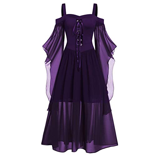 Halloween KostüM MäDchen Gothic Kleidung Steampunk Damen Cosplay Retro Style Neckholder Spaghetti-TräGer SchnüRen Chiffon SpleißEn Kleider ÄRmellos Steampunk A-Line Solid Color Kleid Spitzenkleid von CAUYDY