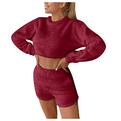 Hausanzug Damen Sexy Set von Damen Sexy Flauschige Plüsch Warm Kapuze Strickjacke Weiche Mantel Shorts Crop Top Damen Trainingsanzug Outfit Damen Winter 3 Stücke Sport Anzug Fleece Plüsch Strickjacke von CAUYDY