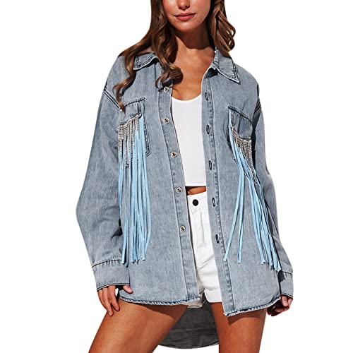 Jeans Jacken FüR Damen Lang,Damen Jeansjacke Farblich Passende Mäntel Langarm Bestickte Lässige Kurze Jeansjacken mit Perlen Verzierte für Einfarbig Slim Fit Denim Verkürzte Jeanskleidung Baumwolle K von CAUYDY