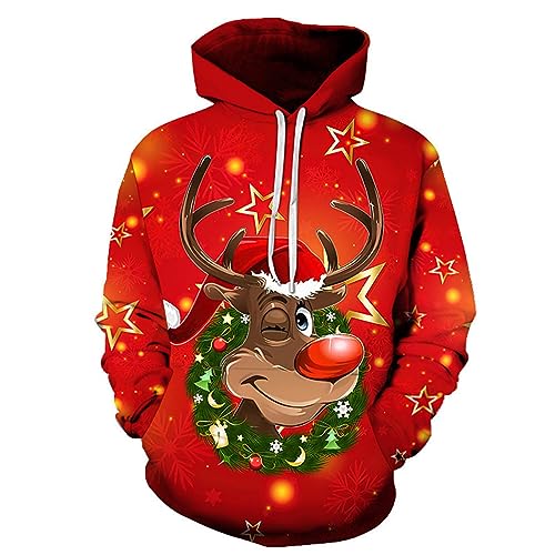 Lustige Weihnachtspullover Herren Hoodie Herren Pullover Lustige 3D Weihnachtsmann Weihnachten Elch Merry Christmas Weihnachtspullover Weihnachtshirsch Langarm Kordelzug Sweatshirt Kapuze Taschen von CAUYDY