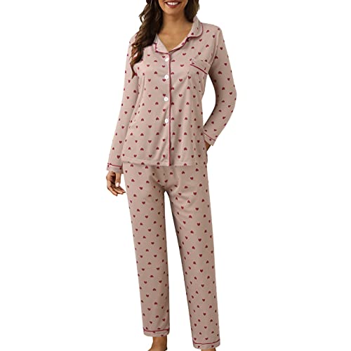Nachthemd Set Damen Schlafanzug für Damen Lang Baumwolle Pyjama mit V-Ausschnitt Spitze Pijamas Woman Set Schlafanzüge Zweiteiliger Weich Hausanzug mit Taschen Schlafanzug Set Damen Pyjama Set Damen von CAUYDY