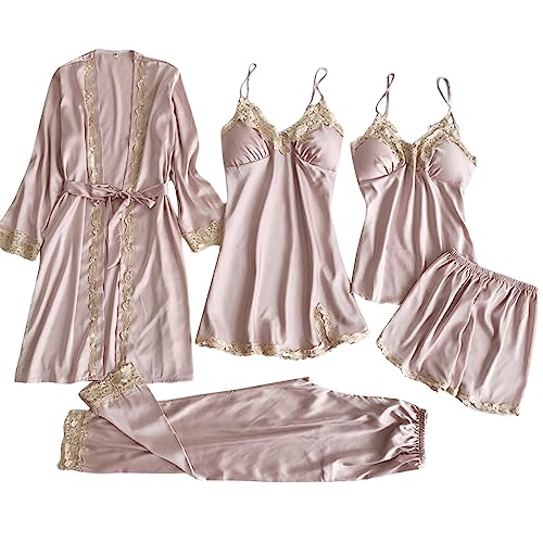 Pyjama Damen Kurz Vierteiliges Set Damen NachtwäSche Sexy Dessous Satin Pyjama Mit Spitze Cami NachtwäSche Aus Eisseide Sommer Nachthemd Seide Sexy Spitze Bademantel mit Schnüren von CAUYDY