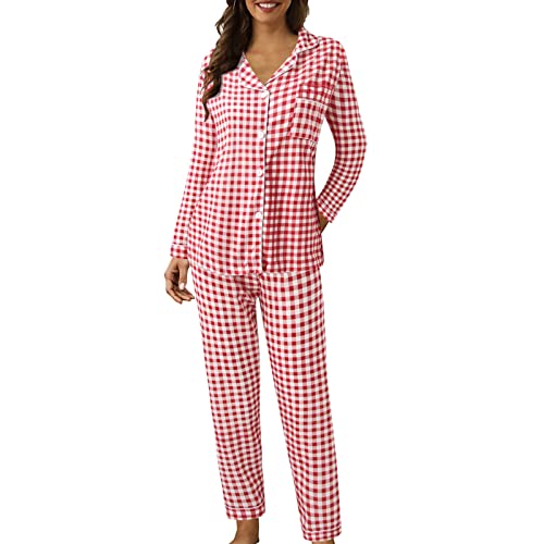 Schlafanzug Set Damen Kurz Damen Frottee Schlafanzug Langarm Pyjama mit Bündchen - auch in Übergrössen Schlafanzug Damen Lang Pyjama Baumwolle Winter Zweiteiliger Nachtwäsche mit Bündchen Langarm Haus von CAUYDY