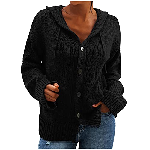 Strickjacke Damen Lang Mit Kapuze Damen Basic Strickjacke Spring Button Down Strickjacken Stricken Cardigan Lang Langarm Open Front Strickpullover Mantel Strickmantel mit Tasche Casual Elegant Bolero von CAUYDY