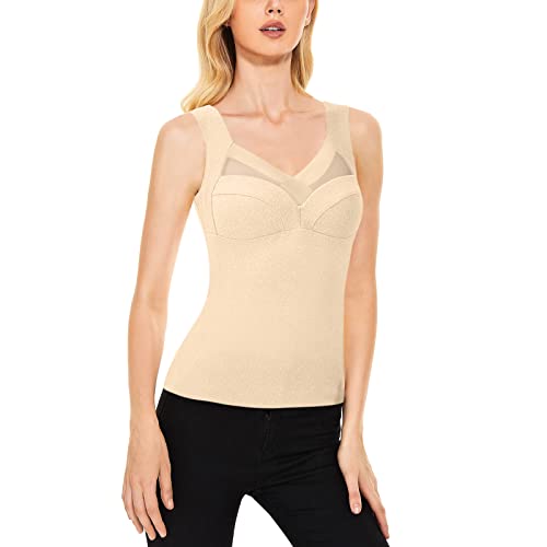 Thermo Unterhemd Damen Damen Unterhemd Spitze BH Hemd Winter Warm Thermo Fleece Unterhemden mit BH Damen Ohne Bügel Bustier Thermounterhemd mit Cups V-Ausschnitt Ärmellos Gefütterte Shapewear Tank Top von CAUYDY