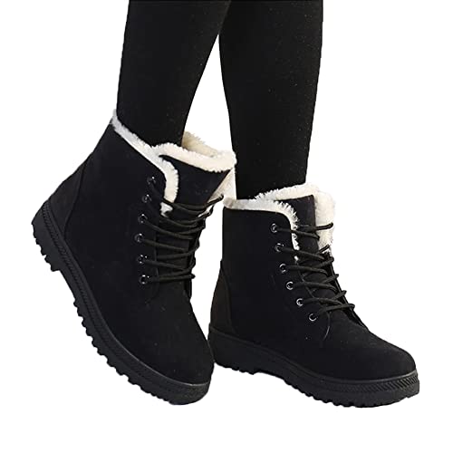 Frauen Stiefel Winter Schneestiefel Warm Flach Plus Größe Platform Lace Up Damen Schuhe Flock Pelz Wildleder Stiefeletten Weiblich (Color : Black, Size : 39 EU) von CBLdf