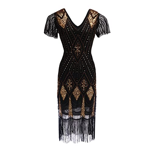 1920s Kleid Damen Flapper mit Kurzem Ärmel Gatsby Motto Party Kostüm ohne V Ausschnitt Knielang Charleston Fasching Pailletten Great voller 20er Stil Runder Inspiriert von Retro 1920er Kleider von CCOOfhhc