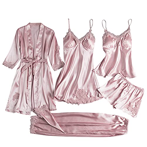 5PC Schlafanzüge Nachthemd Set für Damen Satin Morgenmantel Spitze Lace Bademantel Shorts Rock Hosen Casual Satin Pyjama von CCOOfhhc