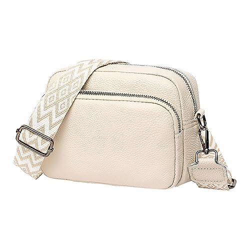 CCOOfhhc Crossbody Bag Damen Echtes Leder Kleine Umhängetasche mit Breitem Gurt Reißverschluss und Abnehmbar Schultergurt Handytasche Zum Umhängen Frauen PU Leder Crossbag (White) von CCOOfhhc