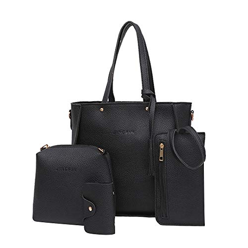 CCOOfhhc Handtasche Damen Schultertasche 4pcs Set Shopper Damen Groß Damen Tasche Shoulder Bag Henkeltasche Umhängetasche für Reise Business Einkaufen Täglich Mit Quasten und Geldbörse (Black) von CCOOfhhc