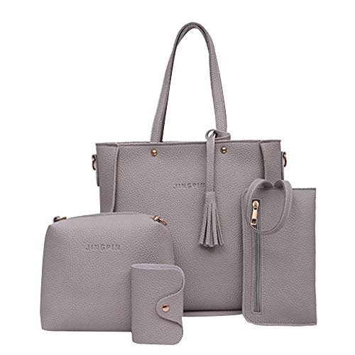 CCOOfhhc Handtasche Damen Schultertasche 4pcs Set Shopper Damen Groß Damen Tasche Shoulder Bag Henkeltasche Umhängetasche für Reise Business Einkaufen Täglich Mit Quasten und Geldbörse (Grey) von CCOOfhhc