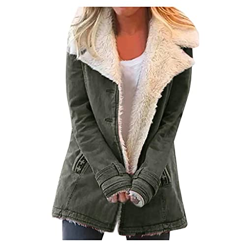 CCOOfhhc Jeansjacke Damen Lang Plüschjacke Oversize Gefüttert Wintermantel Große Größen Winterjacke Mantel Cardigan Jacke Einfarbige Warm Coat Fleecejacke Coat Plüschknopf Revers Jacke Outwear von CCOOfhhc