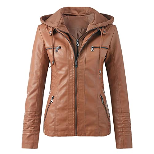 CCOOfhhc Lederjacke Mit Kapuze Damen Herbst Winter Motorrad Jacke Bomberjacke Bikerjacke mit Reißverschluss Abnehmbare Kapuzen Übergangsjacke Kunstleder Jacken Große Größen von CCOOfhhc