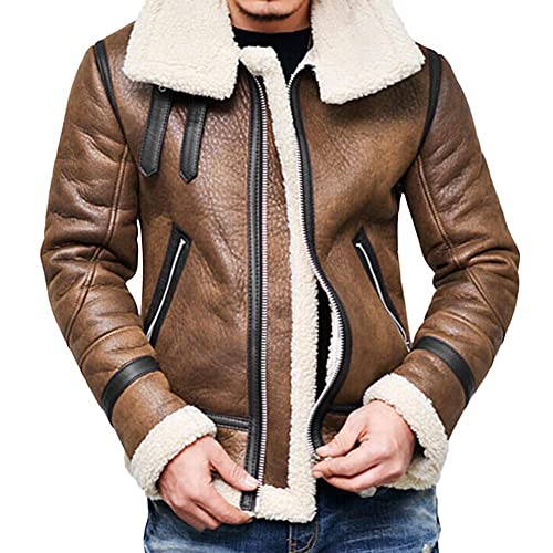 CCOOfhhc Motorrad Lederjacke Herren Winter Gefüttert Slim Fit Bikerjacke Wasserdicht Funktionsjacke Vintage Langarm Bomberjacke mit Reißverschluss Übergangsjacke Mantel Fleecejacke von CCOOfhhc