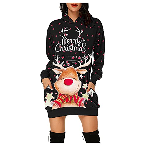 CCOOfhhc Weihnachtspulli Damen Oversize Lang GroßE GrößE Kapuzenpullover Longpullover Für Leggings Winter Weihnachtspullover Mit Kapuze und Tasche Langarm Mini Pullover Kleid Knielänge von CCOOfhhc