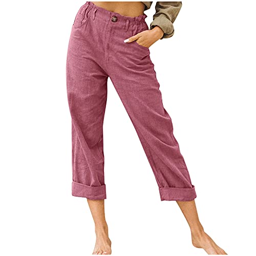 Leinenhose Damen Sommer Capri Sommerhose Damen Leicht 7/8 Stoffhose Damen Elegant Stretch-Hosen Einfarbig Jogginghose Locker Yogahose Mit Gummizug Caprihose Strandhosen Haremshosen Freizeithose von CCOOfhhc