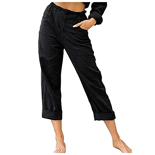 Leinenhose Damen Sommer Capri Sommerhose Damen Leicht 7/8 Stoffhose Damen Elegant Stretch-Hosen Einfarbig Jogginghose Locker Yogahose Mit Gummizug Caprihose Strandhosen Haremshosen Freizeithose von CCOOfhhc