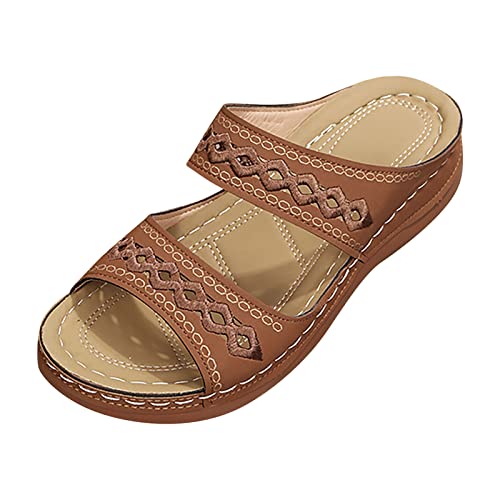 Orthopädische Hausschuhe Damen Pantoletten Weiches FußBett Boho Walking Offene Kappe Flip-Flops Elegant Freizeit PU-Leder Vintage Pantoffeln Lässige Fußbett Mode Schuhe Leicht Strandsandaletten von CCOOfhhc