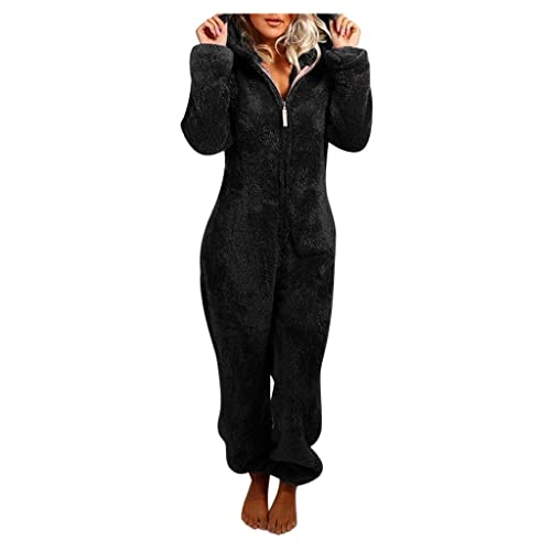 Pyjama Einteiler Damen Weihnachten Einfarbig Elegant Langarm Overall Kuschelig Jumpsuit Teddyfleece Onesie Fleece Kuscheljumpsuit Frauen Anzug Flauschig Schlafanzug Große Größen von CCOOfhhc