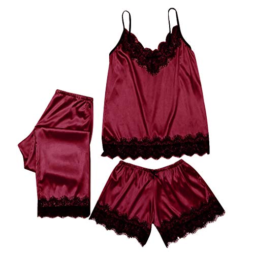 Satin Schlafanzug Damen Kurz Schlafanzug-Set Sommer Spitzenbesatz Satin Nachtwäsche Loungewear Ärmlos Chemise + Shorts Dessous Hausanzug Verstellbaren Trägern Einfarbig 2 Teiliges Lingerie von CCOOfhhc