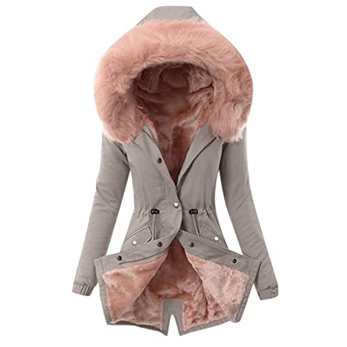 Winter Mantel für Frauen Lang Gefüttert Winterjacke Einfarbig Elegant Übergangsjacke Dicker Warm Wintermantel Reißverschluss Winterparka mit Kapuze Windbreaker Langarm Softshell Jacke Steppjacke von CCOOfhhc